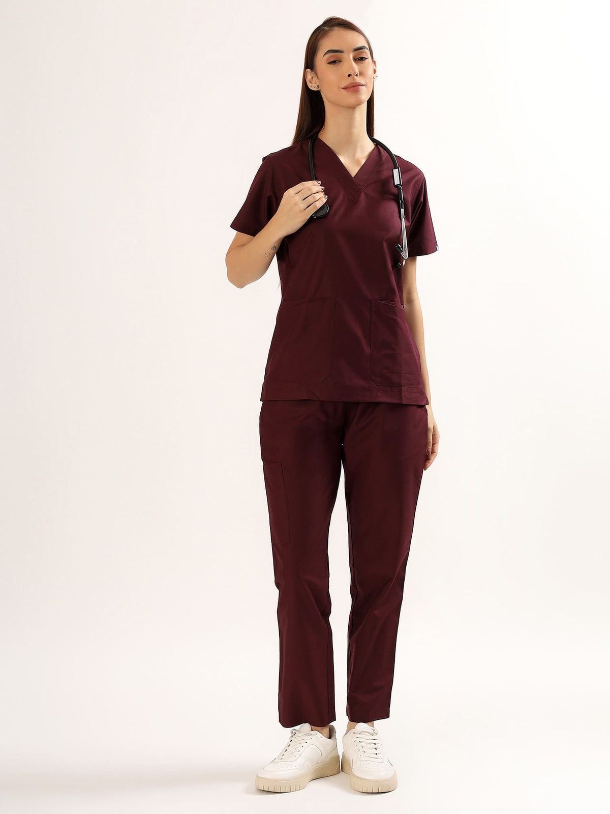 Wine Maroon Women’s V-Neck Scrub Suit | Ultra Soft, 9 Pockets