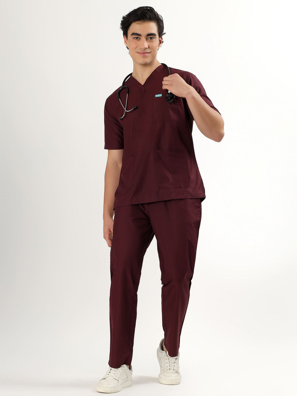 Wine Maroon Men’s V-Neck Scrub Suit | Ultra Soft, 10 Pockets