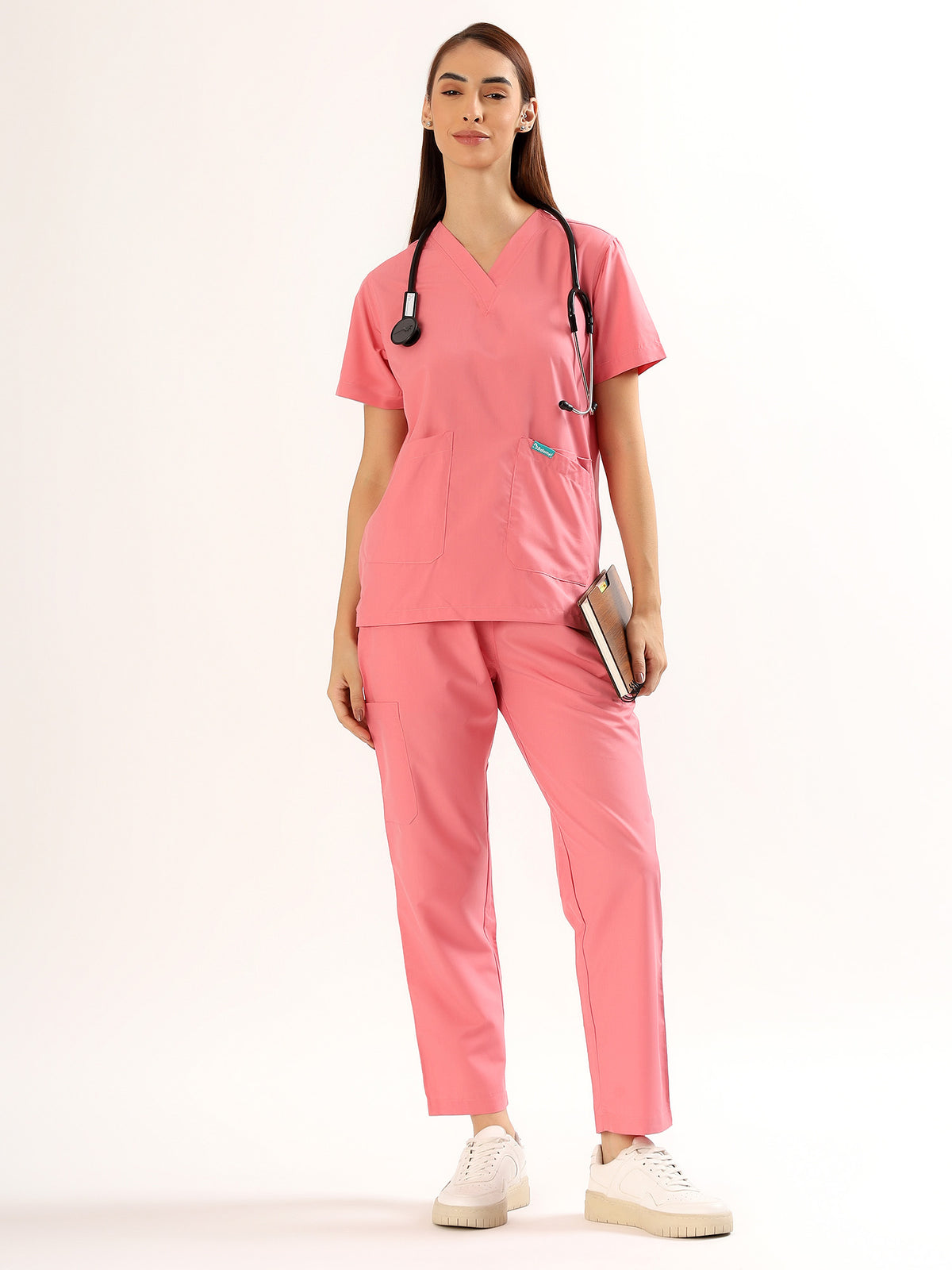 Coral Pink Women’s V-Neck Scrub Suit | Ultra Soft, 9 Pockets
