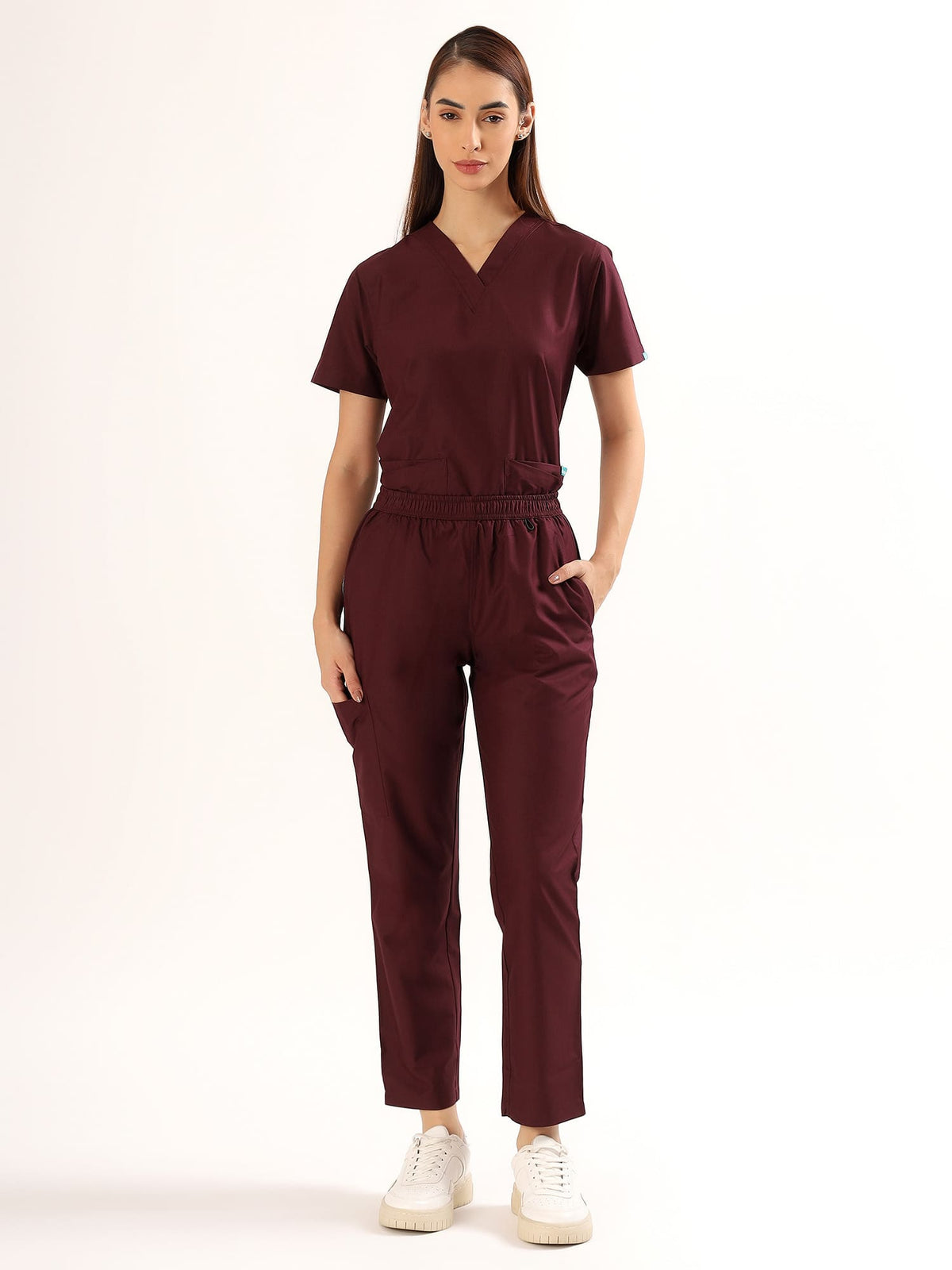 Wine Maroon Women’s V-Neck Scrub Suit | Ultra Soft, 9 Pockets