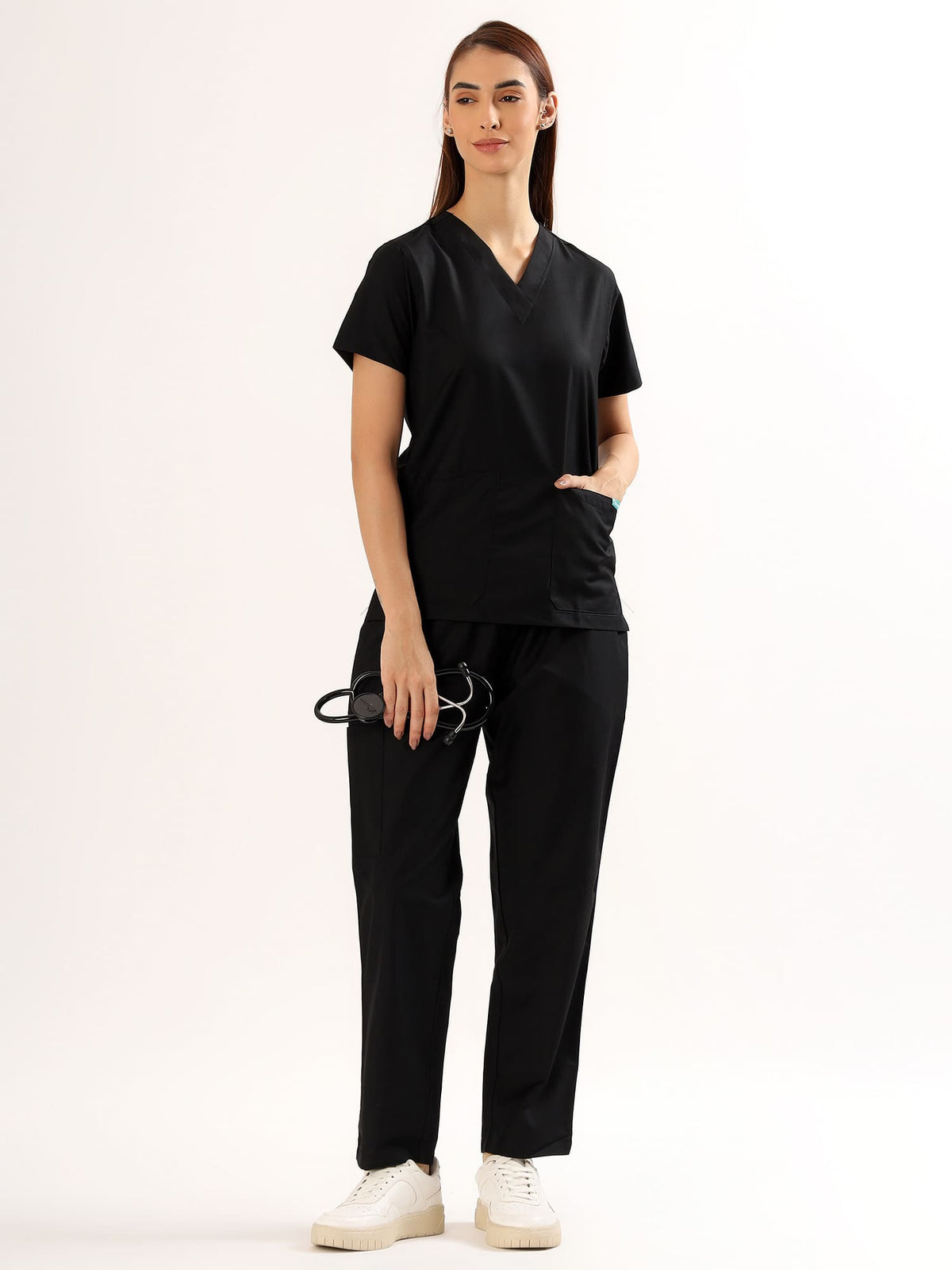 Jet Black Women’s V-Neck Scrub Suit | Ultra Soft, 9 Pockets