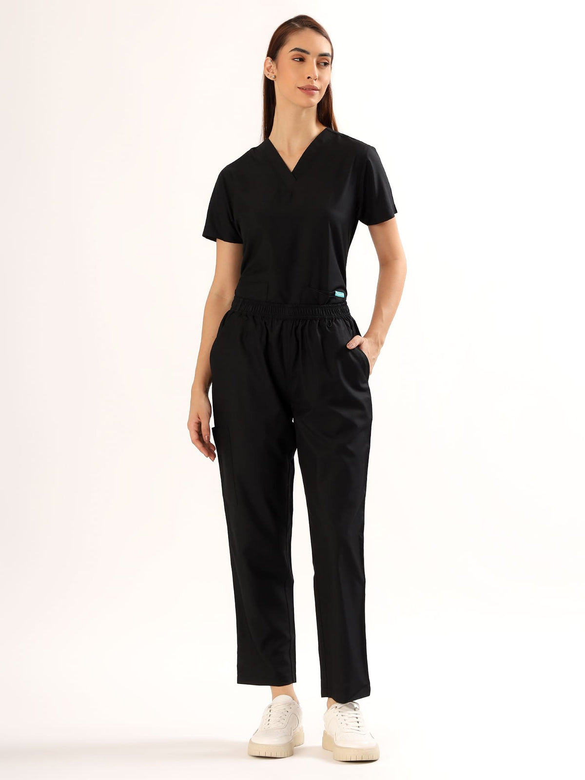 Jet Black Women’s V-Neck Scrub Suit | Ultra Soft, 9 Pockets