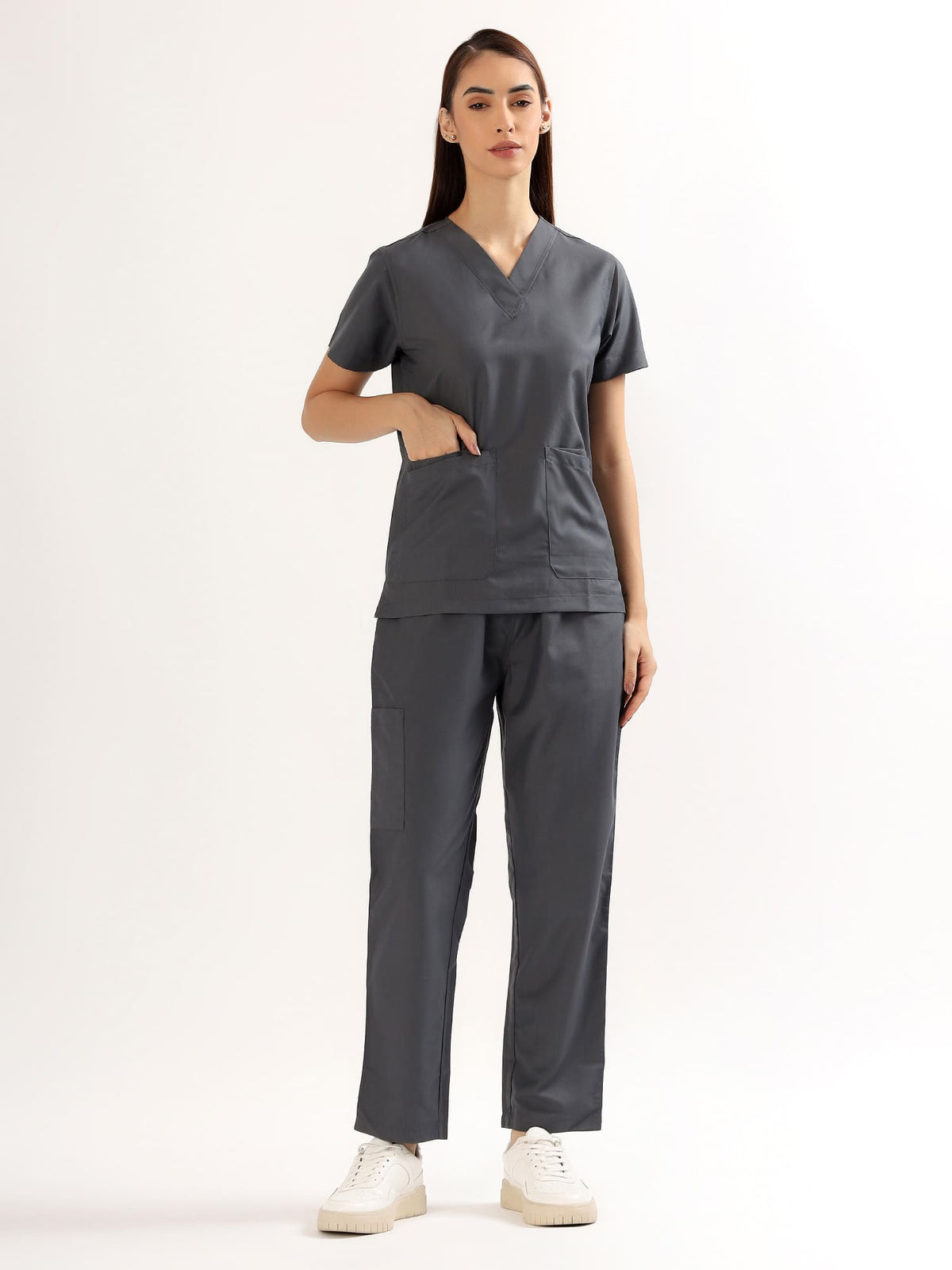 Charcoal Grey Women’s V-Neck Scrub Suit | Ultra Soft, 9 Pockets
