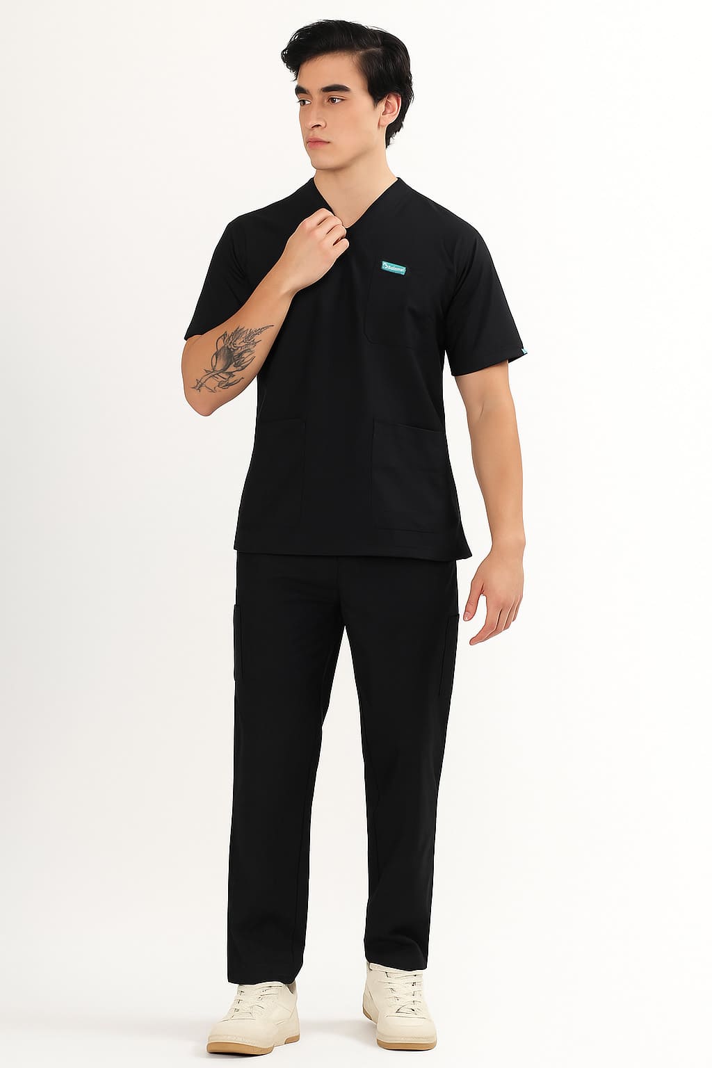 Jet Black Men’s V-Neck Scrub Suit | Ultra Soft, 10 Pockets