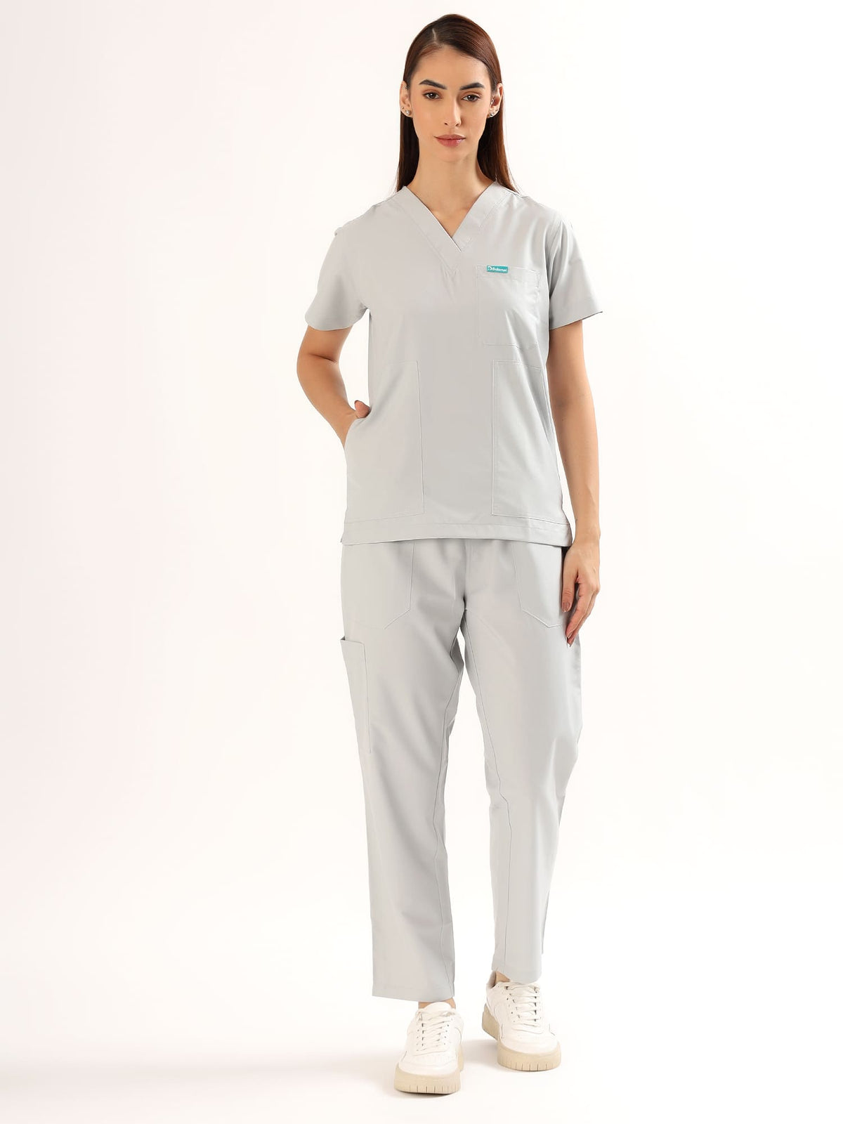 Cloud Grey Women’s V-Neck Scrub Suit | Ultra Soft, 9 Pockets