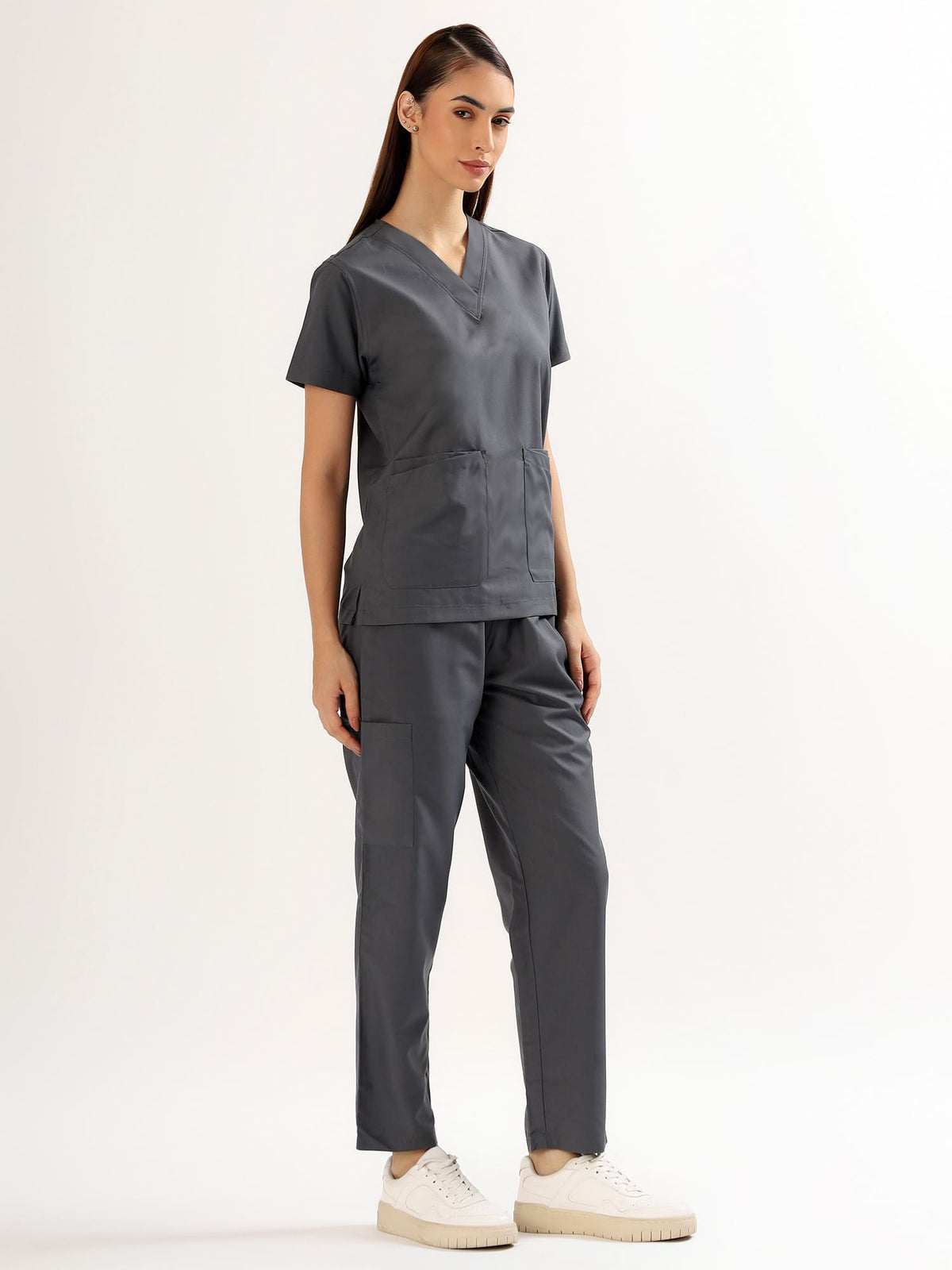 Charcoal Grey Women’s V-Neck Scrub Suit | Ultra Soft, 9 Pockets