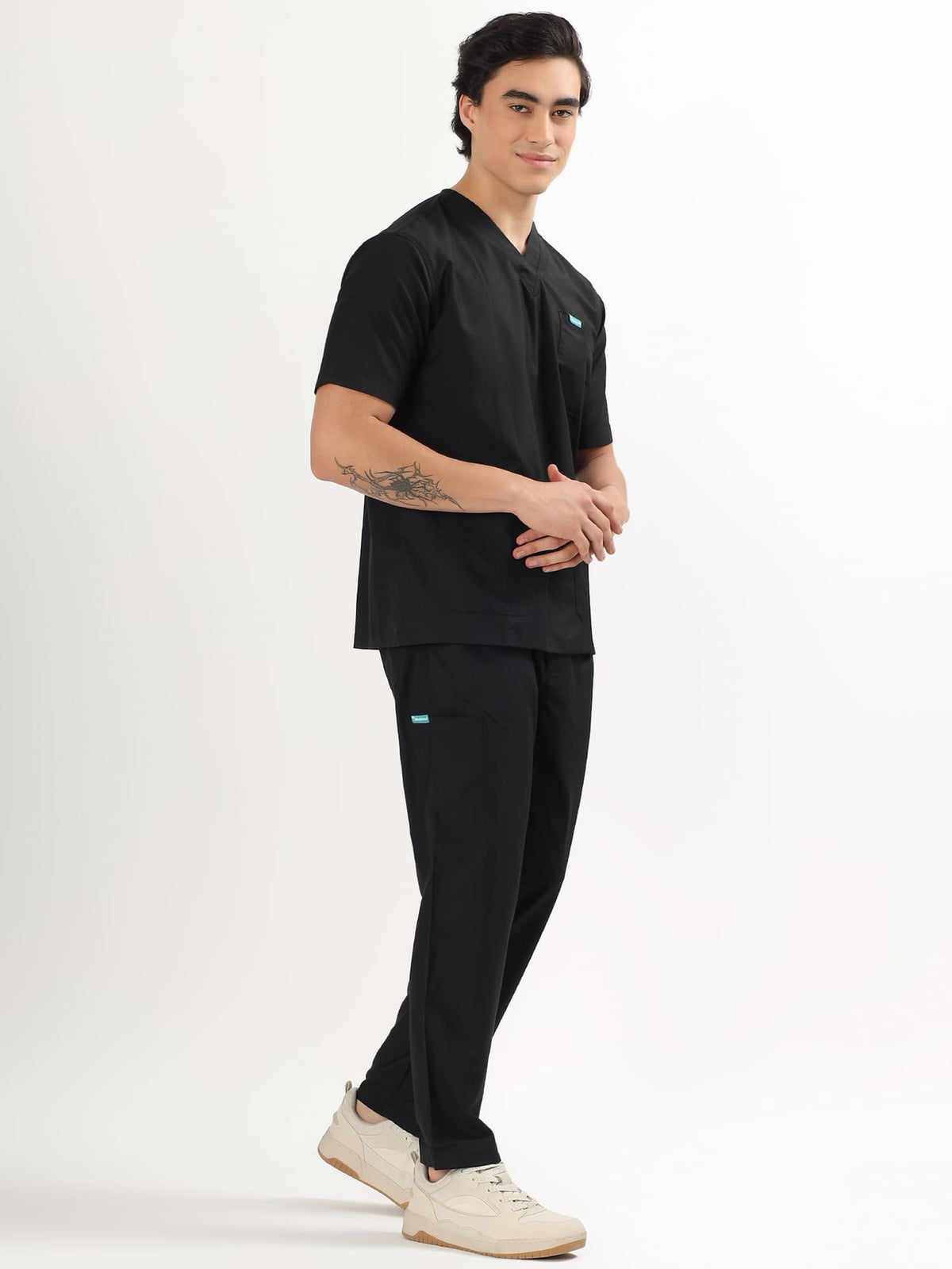 Jet Black Men’s V-Neck Scrub Suit | Ultra Soft, 10 Pockets