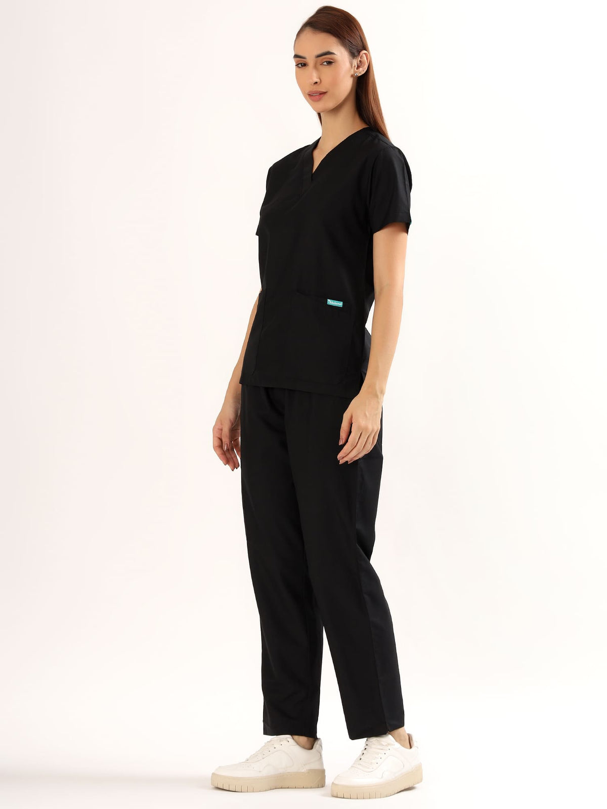 Jet Black Women’s V-Neck Scrub Suit | Ultra Soft, 9 Pockets