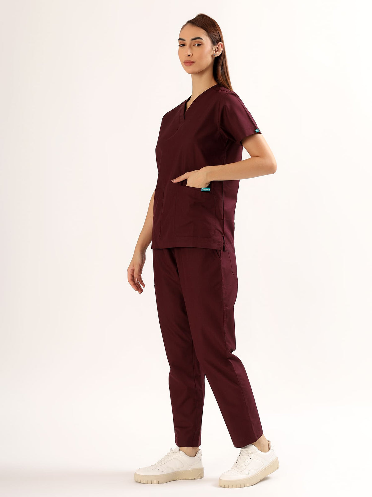 Wine Maroon Women’s V-Neck Scrub Suit | Ultra Soft, 9 Pockets