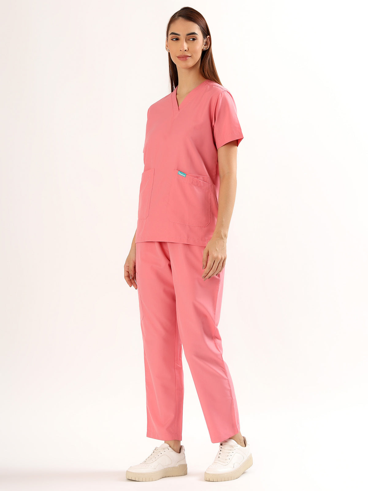 Coral Pink Women’s V-Neck Scrub Suit | Ultra Soft, 9 Pockets