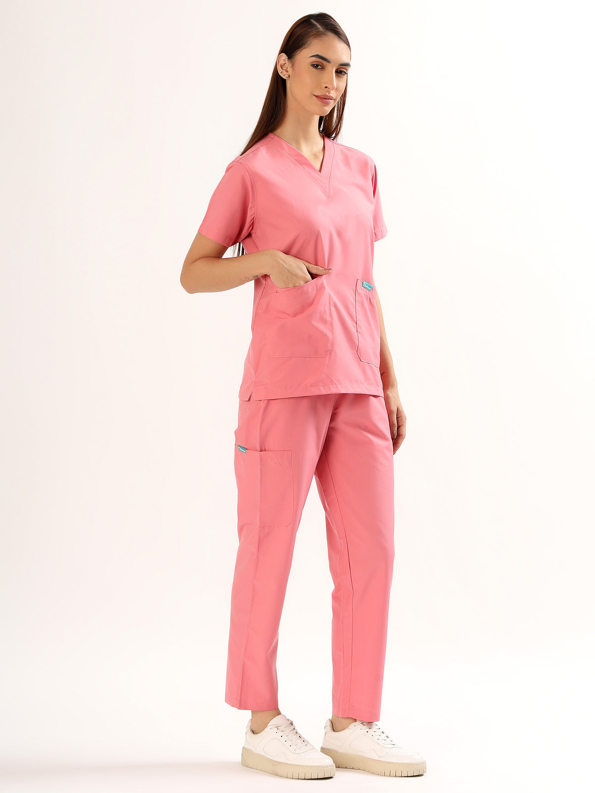 Coral Pink Women’s V-Neck Scrub Suit | Ultra Soft, 9 Pockets