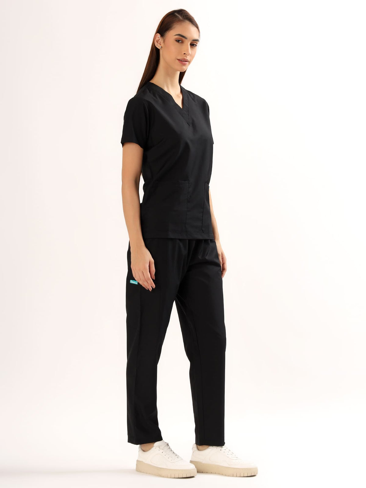 Jet Black Women’s V-Neck Scrub Suit | Ultra Soft, 9 Pockets