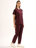 Wine Maroon Women’s V-Neck Scrub Suit | Ultra Soft, 9 Pockets