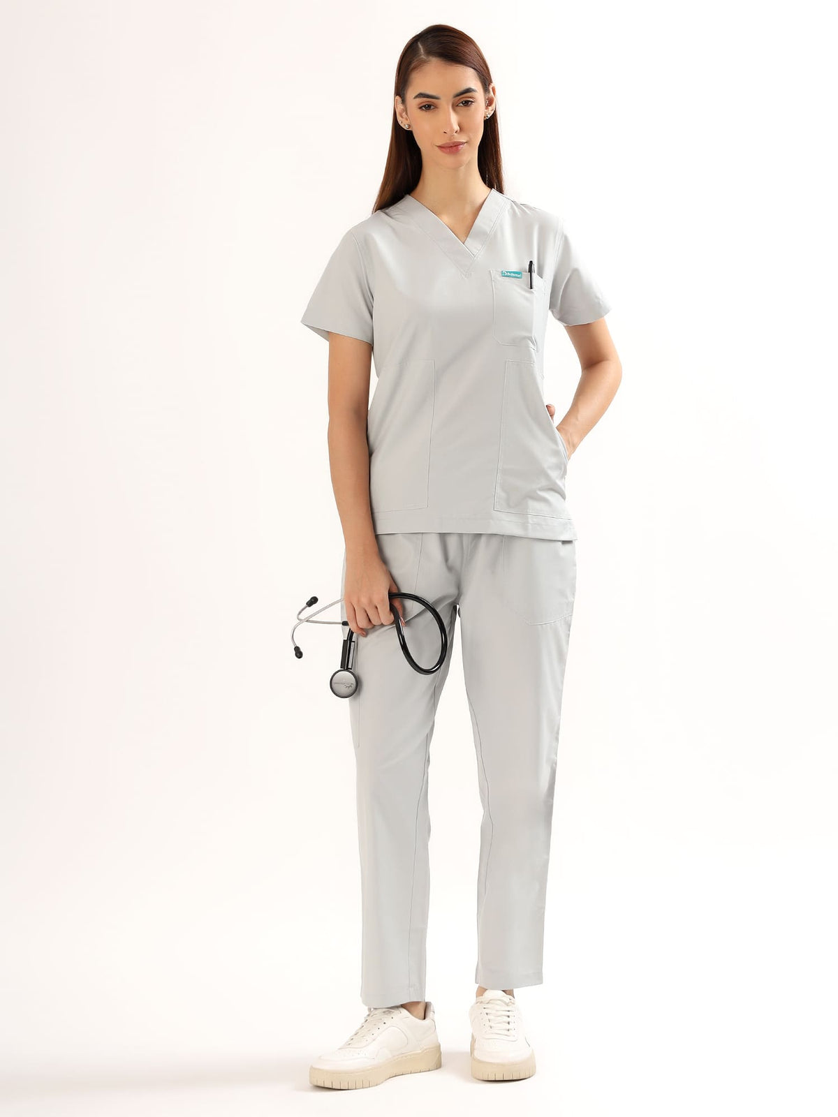 Cloud Grey Women’s V-Neck Scrub Suit | Ultra Soft, 9 Pockets