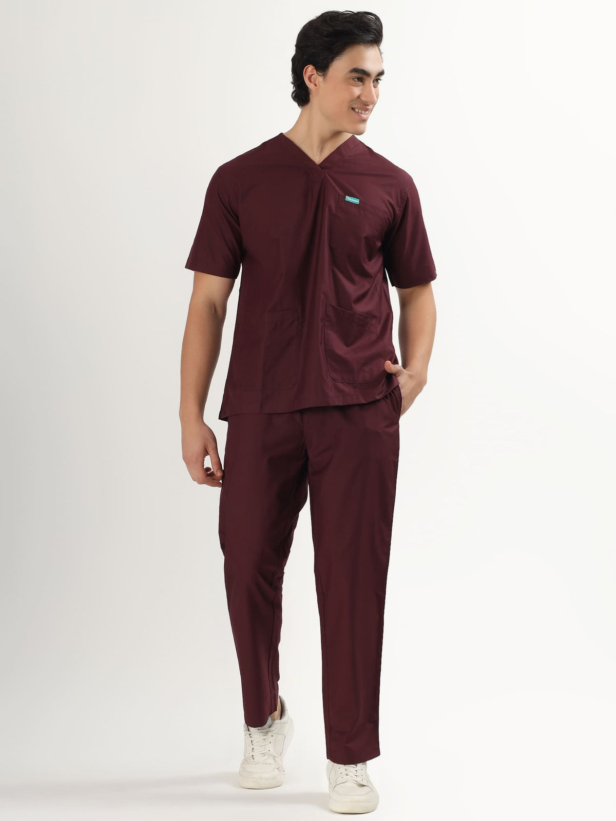 Wine Maroon Men’s V-Neck Scrub Suit | Ultra Soft, 10 Pockets