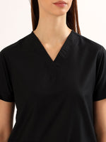 Jet Black Women’s V-Neck Scrub Suit | Ultra Soft, 9 Pockets