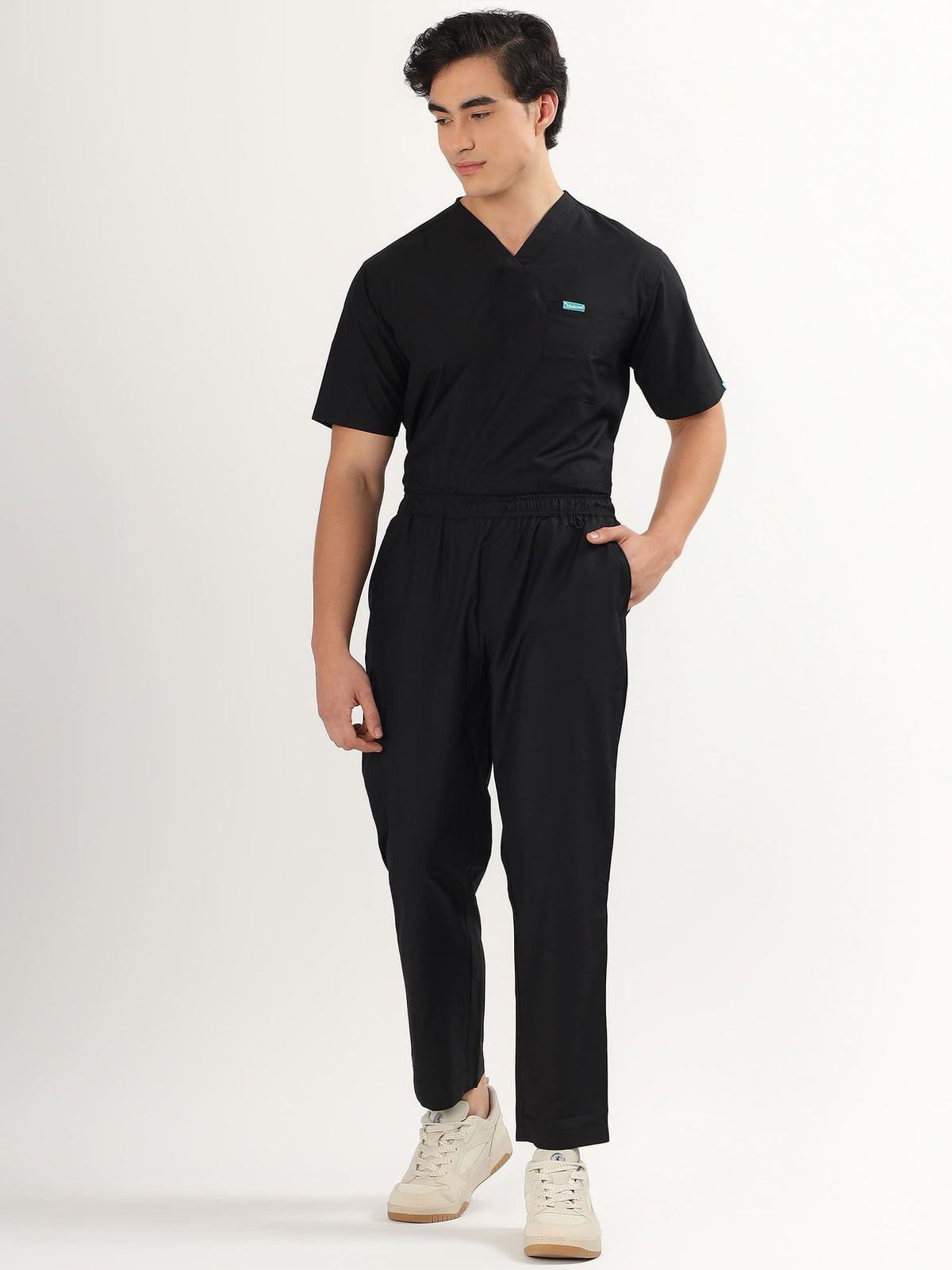 Jet Black Men’s V-Neck Scrub Suit | Ultra Soft, 10 Pockets