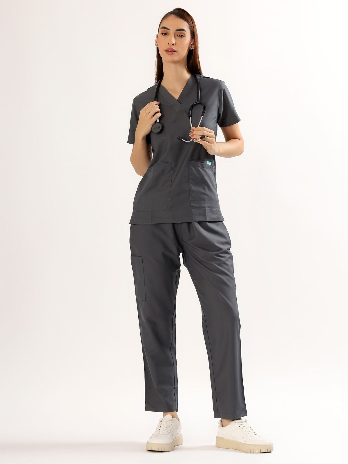 Charcoal Grey Women’s V-Neck Scrub Suit | Ultra Soft, 9 Pockets