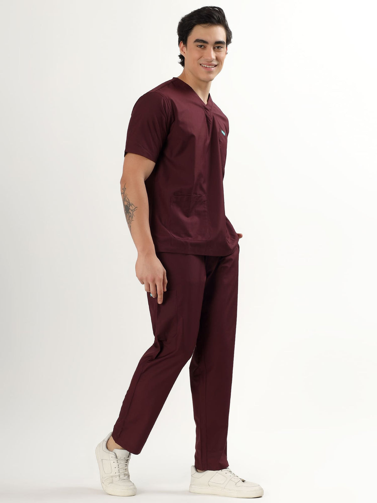 Wine Maroon Men’s V-Neck Scrub Suit | Ultra Soft, 10 Pockets